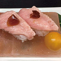 Hand-formed tuna gill flesh sushi (nigirizushi) made with Pacific bluefin tuna