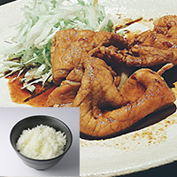 Pork grilled in ginger (shogayaki) and eaten with Koshihikari rice